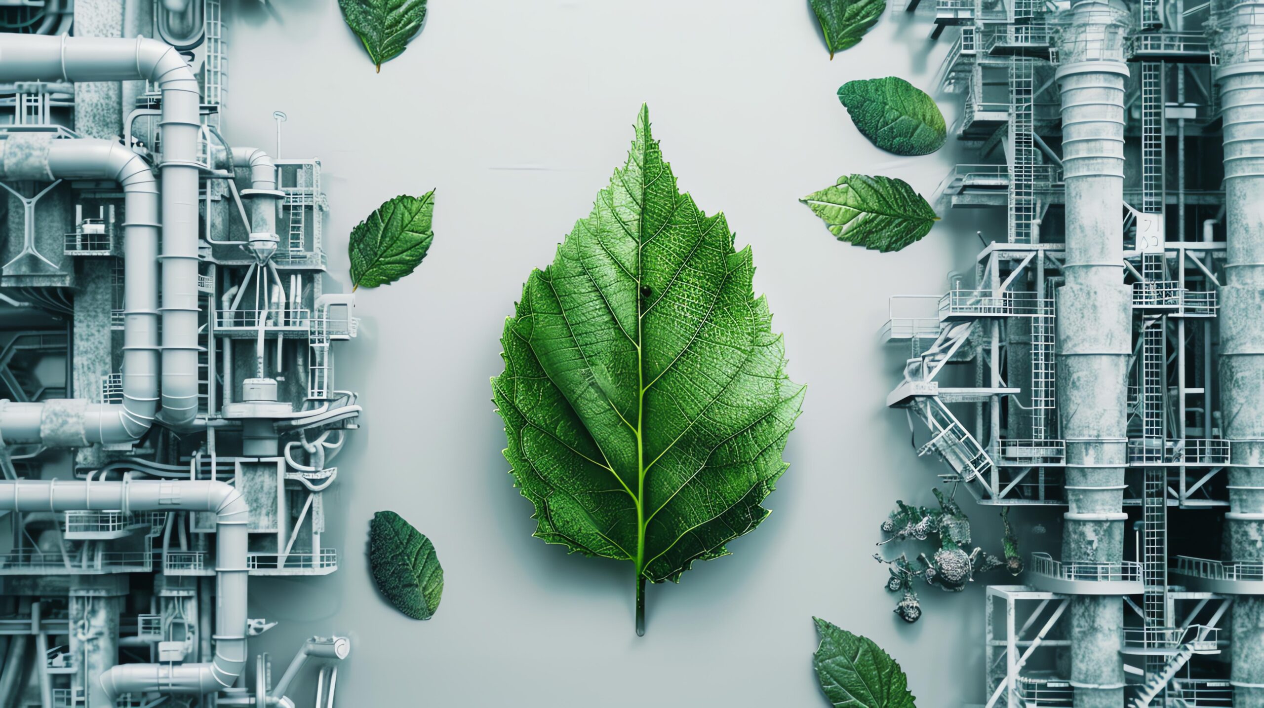 This is an image of a green leaf in front of an industrial background.